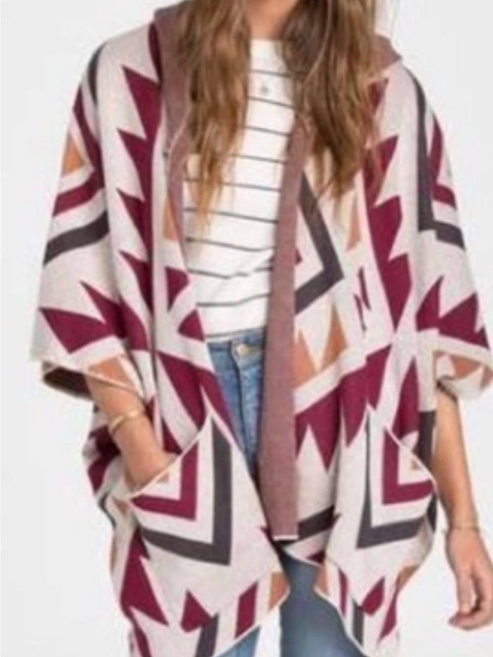 Billabong Geometric Aztec Hooded Women's Poncho Sweater - Burgundy & Cream